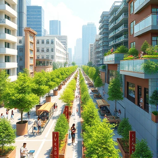 A vibrant urban greening program in a modern city, showing tree planting along streets, community gardens on rooftops, and green spaces integrated into public areas, with diverse people of all ages participating in planting activities, lush vegetation, clean air, and sustainable city design, bright daylight, realistic and detailed illustration