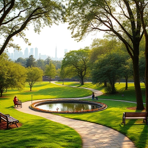 A serene park expansion with lush green grass, mature trees, winding stone paths, benches under shaded canopies, children playing near a small pond with ducks, and distant city skyline softened by morning light, all in a peaceful, naturalistic landscape style