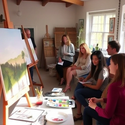 A cozy art studio with an easel, paintbrushes, a palette with colorful paints, a canvas showing a partially painted landscape, and soft natural light coming from a window. A smiling instructor guides a diverse group of attentive students, all focused on their artwork. The atmosphere is warm, creative, and inspiring.