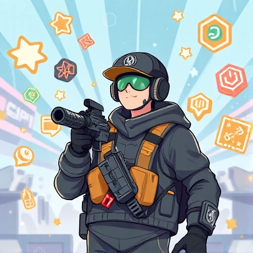 A dynamic illustration of a CS:GO player in a bright, energetic setting, surrounded by glowing icons representing teamwork, strategy, and skill, with a cheerful atmosphere, no text or numbers