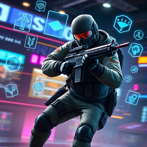 A dynamic, high-energy scene featuring a skilled CSGO player in mid-action, wearing tactical gear, holding a futuristic weapon with glowing effects, surrounded by floating holographic icons of headshots, clutch plays, and victory symbols, set in a stylized cyber-arena with neon lighting and motion blur to convey speed and mastery