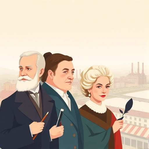 A stylized illustration of several iconic figures representing Ivanovo's most famous personalities, depicted as elegant, diverse characters in a subtle, harmonious composition. The background features a gentle view of Ivanovo's historic cityscape with its famous textile mills and the Volga River, hinting at the region's industrial heritage. The figures are portrayed in a respectful, artistic manner, with subtle symbolic elements (e.g., a paintbrush, a scientific instrument, a literary quill) to