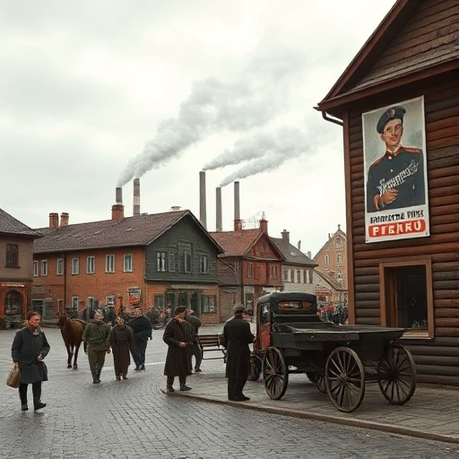 A small town square in Ivanovo during the Great Patriotic War, featuring civilians in 1940s Soviet clothing, a military recruitment poster on a wooden wall, a horse-drawn cart, and smoke rising from distant factory chimneys under an overcast sky