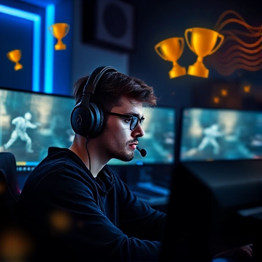 A focused esports player wearing a headset, sitting in front of a gaming setup with multiple monitors displaying CS:GO gameplay, surrounded by subtle visual metaphors of victory like floating trophies, glowing crosshair effects, and abstract energy waves representing confidence and mental resilience, in a dimly lit room with blue and gold accent lighting, emphasizing determination and a winning mindset