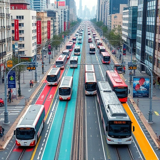 A vibrant city scene showing multiple public transportation routes with buses, trams, and trains on distinct colored paths, illustrating an increased number of routes, modern vehicles, and clear signage, in a smallHQ style