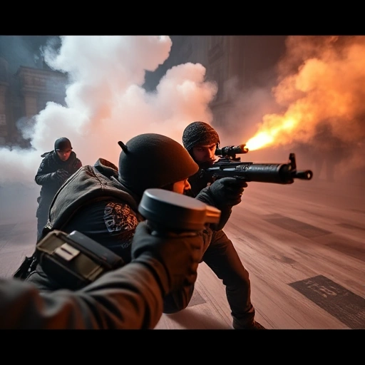 A dynamic scene showing a professional CSGO player executing a tactical maneuver on a map, with teammates coordinating, smoke grenades, flashbangs, and precise crosshair placement, conveying focus and teamwork in a competitive environment