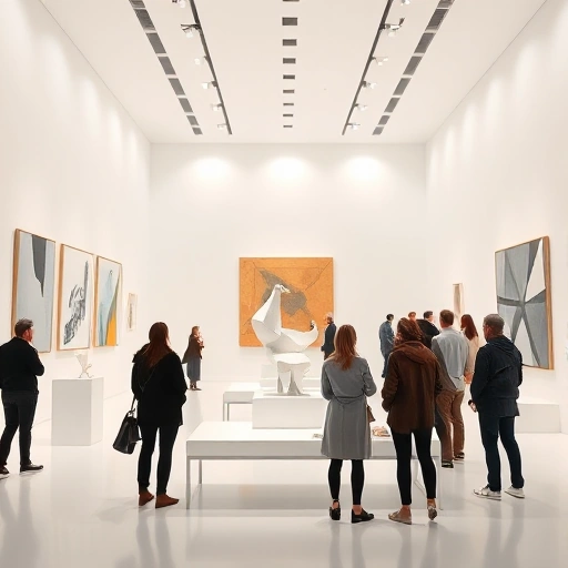 A modern art exhibition in a sleek white gallery with abstract paintings, geometric sculptures, and soft ambient lighting; visitors in contemporary clothing observe the artworks, minimalist architecture, clean lines, high detail, photorealistic style