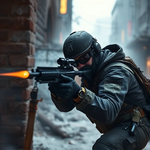 A dynamic, high-energy scene of a professional CS:GO player mid-action, wearing tactical gear, crouched behind cover with a rifle aimed, intense focus on their face, smoke and debris swirling in a ruined urban map like Dust II or Mirage, vibrant but gritty lighting with neon accents and muzzle flash, cinematic depth of field, ultra-detailed textures on weapons and clothing, no text, no logos, no UI elements, no letters or digits