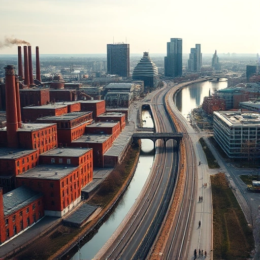 A panoramic view of Ivanovo city blending historical and modern elements: old textile factories with red brick buildings and smokestacks on the left, transitioning into contemporary glass office towers and residential complexes on the right, with the Uvod River flowing through the center, reflecting both eras; subtle details like vintage tram lines merging into modern bike paths, and people in period and modern clothing walking along the banks, all under a soft daylight sky