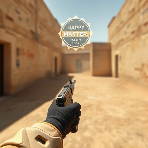 A beginner-friendly CS:GO scene showing a player holding an AK-47 in a dusty, well-lit corner of Dust II, with subtle visual cues like a floating 'Happy Mastery' badge glowing softly above their head, crosshair centered on a distant target, and faint motion blur suggesting recent movement — all rendered in clean, high-detail smallHQ style with warm ambient lighting and no UI elements, text, or logos