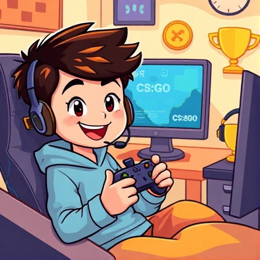 A cheerful, stylized illustration of a young gamer in a cozy gaming setup, holding a CS:GO controller, with a bright, friendly environment that conveys mastery and excitement. The scene includes a computer screen displaying a CS:GO map, a headset, and a trophy symbol, all rendered in a vibrant, cartoonish style.