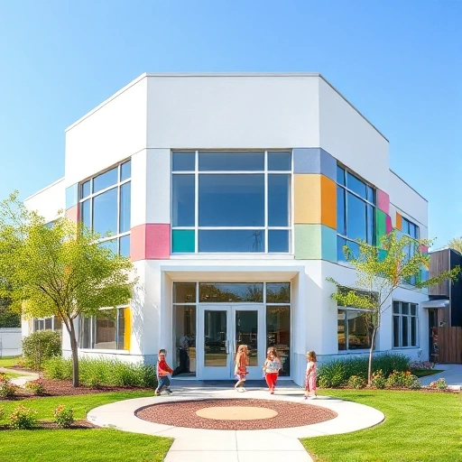 A modern, bright, and welcoming children's kindergarten building with large windows, colorful exterior panels, a small playground with safe equipment, trees and flowers around, a clear blue sky, and children playing happily outside, all in a clean, contemporary architectural style