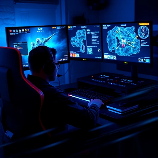 A focused esports player in a gaming chair, wearing a headset, intensely playing CS:GO on a high-end PC setup with multiple monitors displaying in-game action, tactical map overlays, and glowing UI elements; dynamic lighting with cool blue and neon accents, modern gaming room aesthetic, subtle motion blur to convey speed and precision, no text or logos visible