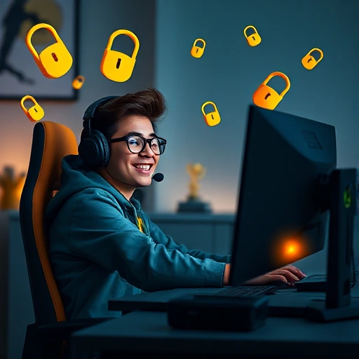 A cheerful gamer sitting at a computer desk playing CS:GO, surrounded by subtle visual metaphors of success like floating golden headset icons, small trophies, and glowing crosshair effects, all in a clean, vibrant, high-detail smallHQ style with soft lighting and modern gaming setup aesthetics