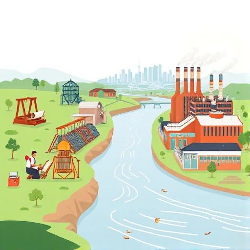 A stylized illustration showing the evolution of Ivanovo's textile industry: early 19th-century handloom workers, 20th-century mechanized textile mills with smokestacks, and modern sustainable textile factories, all connected by a flowing river, with a subtle skyline of the city in the background, in a clean, detailed, realistic style.