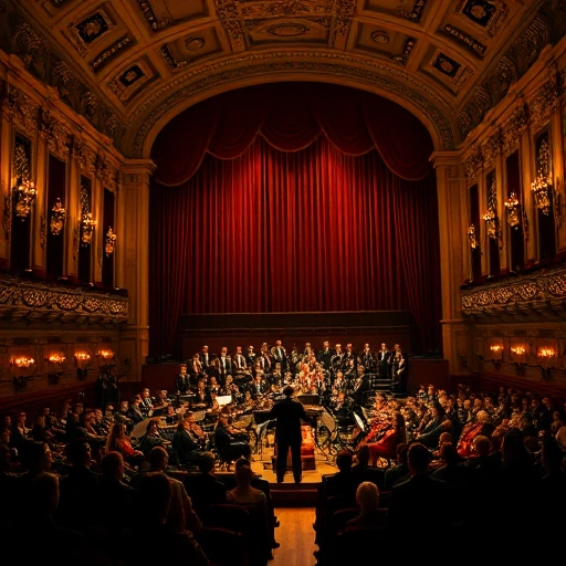 An elegant evening scene of a classical music concert in a grand hall with ornate architecture, velvet curtains, a full orchestra on stage under warm golden lighting, a conductor mid-performance, and an attentive audience in formal attire, soft shadows and rich textures, cinematic atmosphere