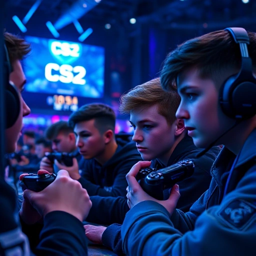A dynamic scene from a CS2 esports tournament showcasing emerging young players, with intense focus on their faces and hands gripping controllers or keyboards, vibrant arena lighting with blue and purple hues, digital scoreboards displaying CS2 logos, and a crowd of spectators in the background, all rendered in a detailed smallHQ style