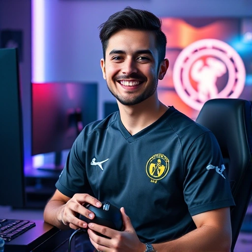 A cheerful professional esports player in a modern gaming setup, wearing a CSGO-themed jersey, smiling confidently while holding a gaming mouse, with subtle in-game elements like a floating AWP rifle and glowing crosshair in the background, soft ambient lighting, high detail, realistic yet stylized, smallHQ aesthetic