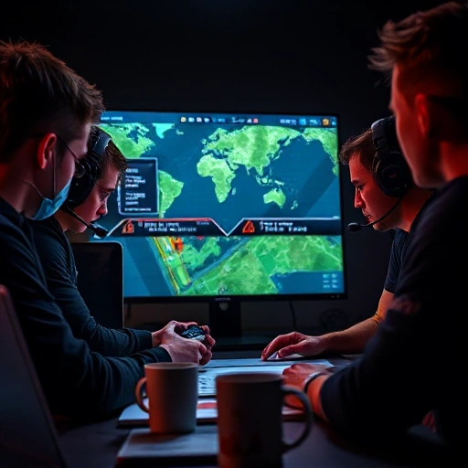 A dynamic, high-energy scene of a professional CSGO player in a competitive environment, surrounded by teammates in a tactical briefing. The player is focused, wearing a headset, holding a controller, with a digital map of the game displayed on a screen behind them. The setting includes a tactical board with markers, a laptop, and a coffee mug, all in a dimly lit, modern gaming room. The atmosphere conveys teamwork, strategy, and determination, with subtle lighting highlighting the player’s conc