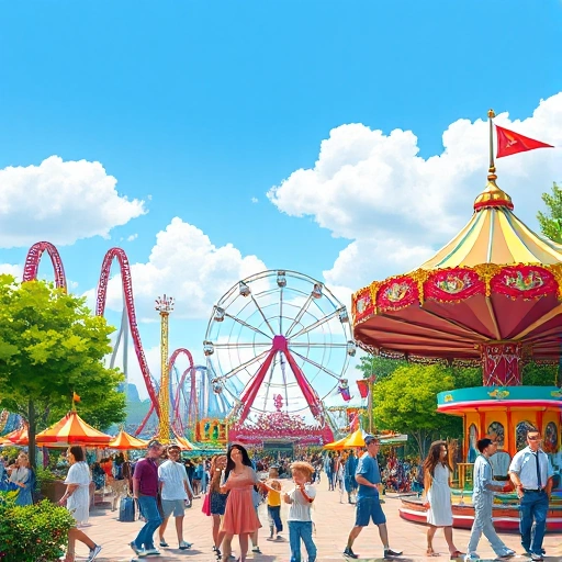 A vibrant scene of a newly opened amusement park on a sunny day, featuring colorful roller coasters, a Ferris wheel, a carousel, and families enjoying the attractions with children laughing and adults smiling, lush green trees surrounding the park, bright blue sky with fluffy clouds, and a festive atmosphere with banners and flags
