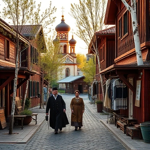A cozy street scene in Ivanovo, Russia, featuring traditional wooden houses with ornate carvings, a small church with onion domes in the background, locals in 19th-century attire walking past a market stall selling handmade textiles and linen, birch trees lining the cobblestone path, soft golden hour lighting, warm and inviting atmosphere, no modern elements