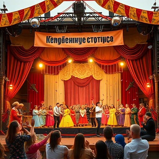 A vibrant theatrical festival scene titled 'Сценические истории' (Scenic Stories), featuring a diverse group of performers in colorful costumes mid-performance on an open-air stage with ornate curtains, spotlights, and a cheering audience. The atmosphere is lively and artistic, with banners displaying Cyrillic text 'Сценические истории', theatrical masks, musical instruments, and confetti in the air. Warm golden hour lighting enhances the festive mood.
