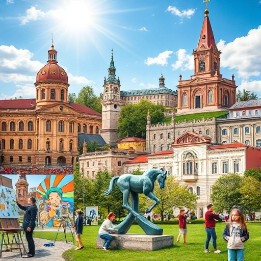 A vibrant collage depicting the influence of art on the development of Ivanovo, featuring historical architecture blended with modern artistic murals, local artists painting public spaces, children engaging with sculptures in a park, and cultural festivals celebrating creativity, all set against the backdrop of the city's iconic landmarks under a bright, hopeful sky