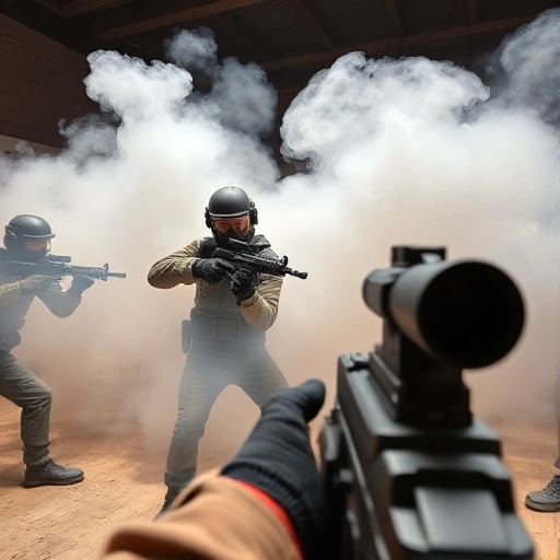 A dynamic scene showing a professional CSGO player executing a tactical maneuver in a competitive match environment, with teammates coordinating, smoke grenades obscuring vision, and precise crosshair placement on an enemy, conveying intense focus and strategic teamwork