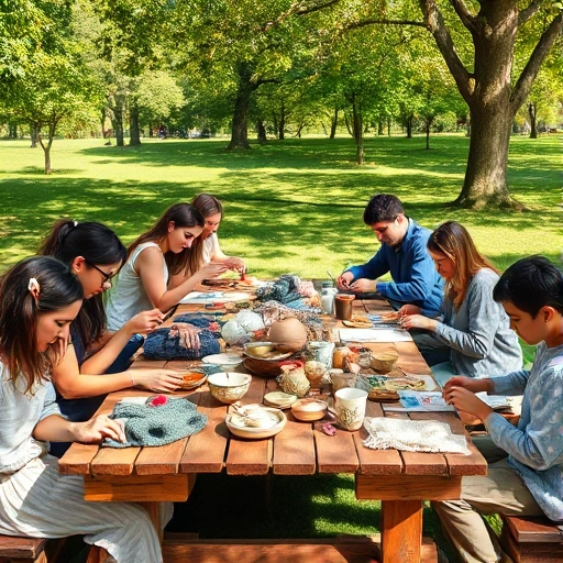 A cozy outdoor craft workshop in a sunny park, featuring a wooden table with handmade crafts like knitted scarves, painted ceramics, and embroidered fabrics, surrounded by people of various ages happily creating together, with trees, green grass, and soft sunlight filtering through leaves in the background