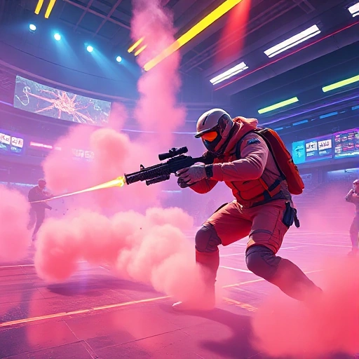 A dynamic, high-energy scene of a CSGO player executing advanced tactics in a futuristic arena, with tactical overlays, smoke, and strategic positioning, all in a stylized, vibrant color palette