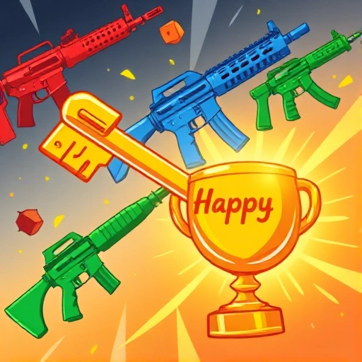 A vibrant, cartoon-style illustration of a cheerful golden trophy shaped like a key, glowing with golden light, set against a dynamic background of colorful CSGO weapon skins (like a red AK-47, blue M4A4, and green AWP) floating in mid-air, with a subtle 'Happy' text integrated into the key's design, all rendered in a playful, energetic smallHQ art style