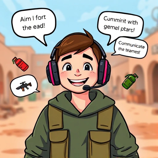 A cheerful beginner CS:GO player wearing a headset and smiling, standing in a colorful in-game map like Dust II with cartoon-style speech bubbles showing simple tips like 'Aim for the head' and 'Communicate with teammates', surrounded by floating icons of weapons and grenades in a friendly, educational, and vibrant atmosphere
