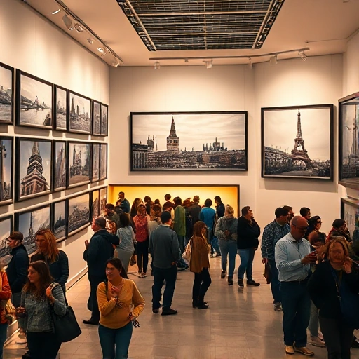 A gallery interior with walls lined with framed photographs of city landmarks, bustling crowds admiring the images, subtle warm lighting highlighting the frames, a modern yet cozy atmosphere