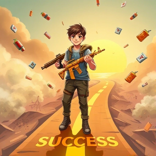 A vibrant, stylized illustration of a young gamer in a CSGO setting, celebrating success on the 'Road to Success' path. The scene shows a determined player holding a golden AK-47, standing on a glowing road marked with milestones like 'Silver', 'Gold', and 'Platinum' ranks. In the background, a dynamic CSGO map (e.g., Dust II) with explosive action, smoke effects, and a bright sunrise symbolizing achievement. The atmosphere is energetic, with floating icons of grenades, health packs, and a 'CSGO