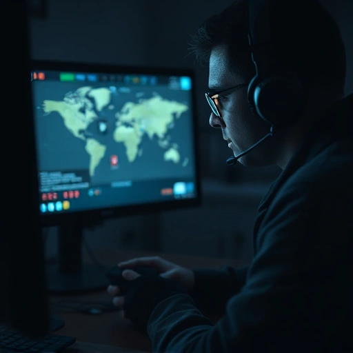 A focused CS2 player in a dimly lit room, wearing a headset and holding a gaming mouse, with a computer screen displaying a tactical map and weapon loadout, surrounded by subtle glowing game interface elements like minimap, health bar, and ammo count, emphasizing concentration and strategy