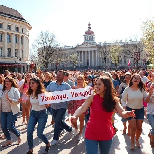 A joyful flash mob of people dancing in a public square in Ivanovo, Russia, wearing colorful casual clothing, smiling and moving energetically to music, with banners reading 'Танцуй, Иваново!' in Russian Cyrillic, surrounded by historic Soviet-era buildings and springtime trees in bloom, sunlight casting soft shadows, vibrant and lively atmosphere