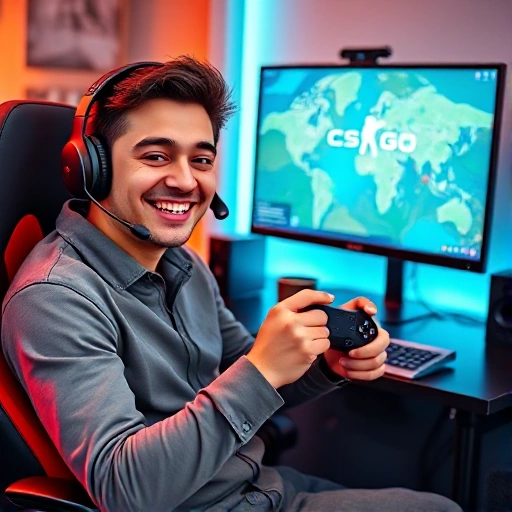 A cheerful gamer seated in a modern gaming setup, wearing a headset and holding a CS:GO controller, with a bright computer monitor displaying a stylized CS:GO map in the background. The scene is vibrant and energetic, featuring a coffee mug, gaming peripherals, and subtle lighting that highlights the player's focused yet happy expression. No text or lettering is present in the image.
