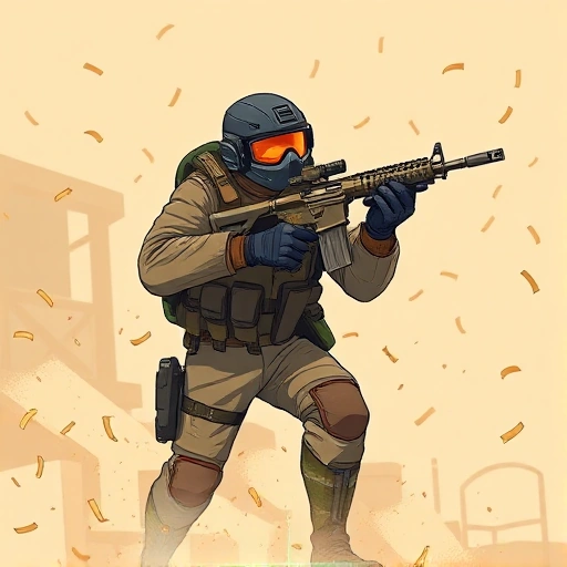 A dynamic and vibrant illustration of a CSGO player in mid-action, wearing tactical gear, holding a rifle with focus and determination, standing on a dusty in-game map like Dust II, with subtle visual cues of victory such as floating confetti, glowing crosshair effects, and a faint aura of energy around the character, conveying triumph and strategy, in a clean, high-detail smallHQ style