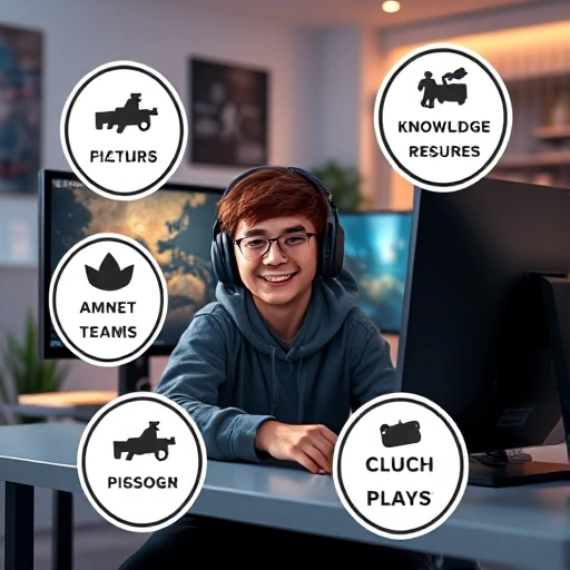 A cheerful gamer sitting at a desk with a computer monitor displaying CS:GO gameplay, surrounded by floating icons representing tips like aim practice, map knowledge, teamwork, and clutch plays, all in a bright, motivational atmosphere with soft lighting and modern gaming setup