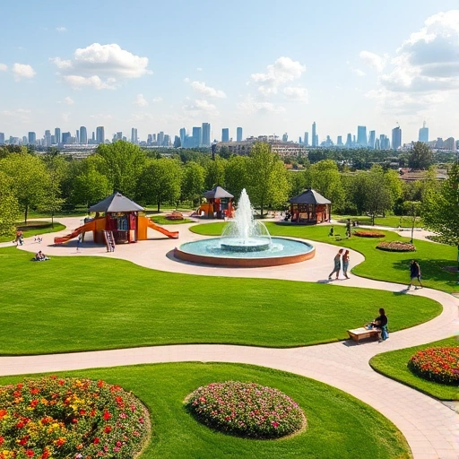 A vibrant new park in Ivanovo, featuring modern playground equipment, green lawns, blooming flower beds, a central fountain, and families enjoying the sunny day, with the city skyline visible in the background
