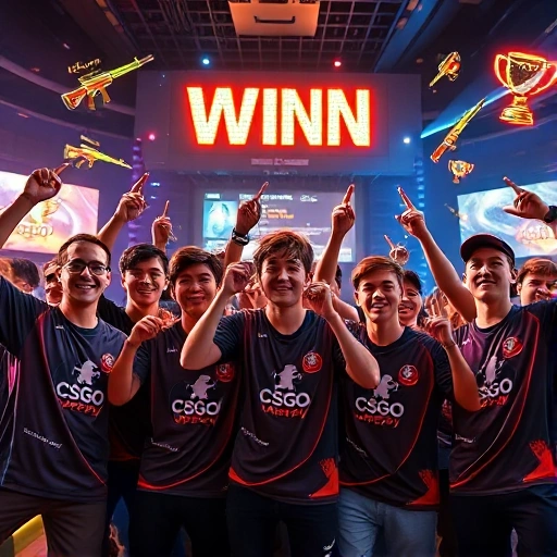 A vibrant, high-energy scene depicting a diverse team of young esports players celebrating a victory in a CSGO match, wearing matching team jerseys with the 'CSGO-Happy' logo, standing in front of a glowing digital scoreboard showing their win, surrounded by floating holographic icons of in-game weapons and trophies, with dynamic lighting and motion blur to convey excitement and momentum, in a futuristic gaming arena setting