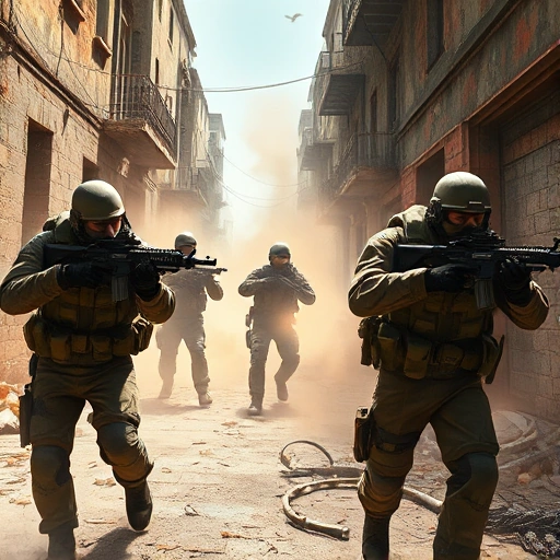 A dynamic scene from Counter-Strike 2 showing a team of players in tactical gear moving through a war-torn urban environment with smoke and debris, aiming weapons with intense focus, realistic lighting and detailed textures