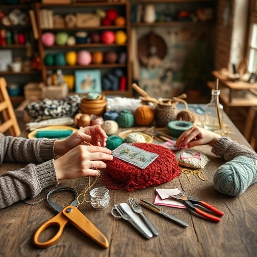 A cozy workshop setting with hands crafting handmade items like knitting, embroidery, and paper art, surrounded by colorful yarns, fabrics, scissors, and wooden tools on a rustic table, warm natural lighting, soft focus background with shelves of craft supplies