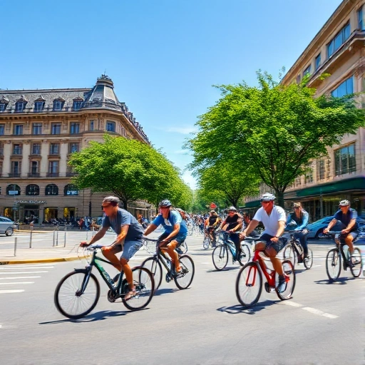 A group of cyclists riding along central city streets during a sunny day, modern urban environment with historic buildings, trees lining the road, clear blue sky, dynamic motion blur on wheels, diverse riders in casual cycling attire, no text or signs visible