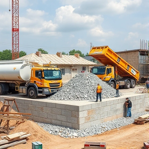 A construction site with delivery trucks unloading crushed stone onto a foundation, workers using the stone for building, showcasing efficiency and convenience