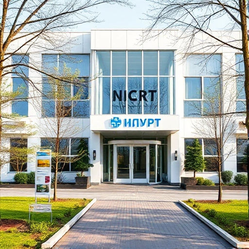 A modern medical center exterior with a clean, professional design, featuring a glass facade, a sign reading 'Мирт' in Cyrillic, surrounded by trees and a paved pathway, soft daylight, no people visible, high detail, realistic photography style