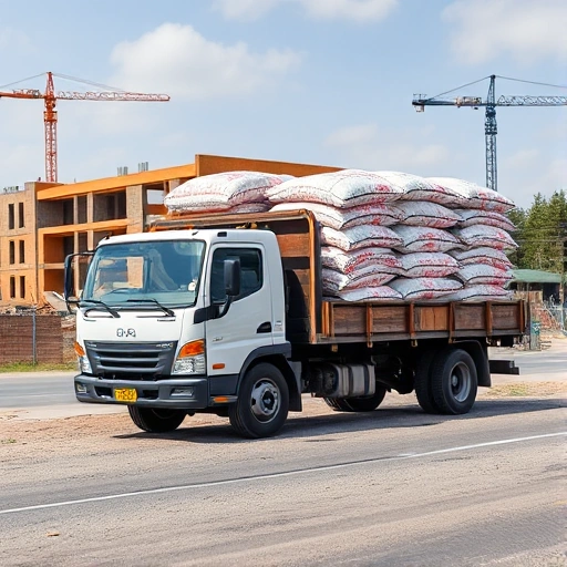 A professional delivery truck loaded with bags of gravel driving on a road with a construction site in the background, showing the advantages of gravel delivery, smallHQ