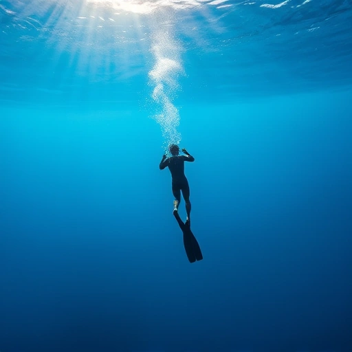 A serene underwater scene showing a freediver in sleek gear gliding effortlessly through crystal-clear blue water, with sunlight filtering from above, emphasizing calmness and mastery of breath-hold diving, representing the uniqueness of Molchanov's freediving courses