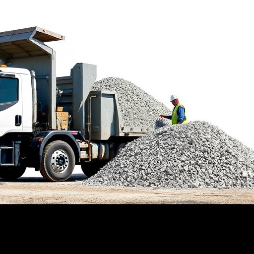 A delivery truck unloading crushed stone onto a construction site, with a worker inspecting the material, showing a clear, organized pile of stone and a clean background, no text or logos
