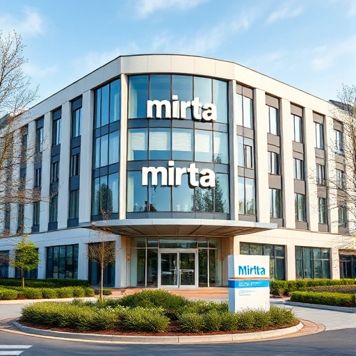 A modern medical center building in Kostroma, Russia with the name "Mirta" displayed prominently on the facade, surrounded by green landscaping and clear signage, daytime view with realistic architectural details
